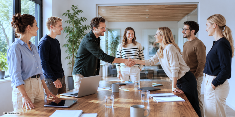 People shaking hands after a group meeting