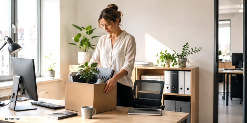 Woman packing her belongings into a box at her workplace