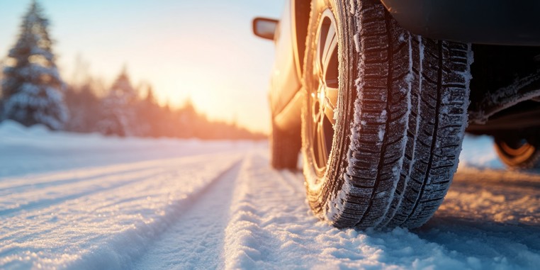 Bil med vinterdæk i sneklædt landskab