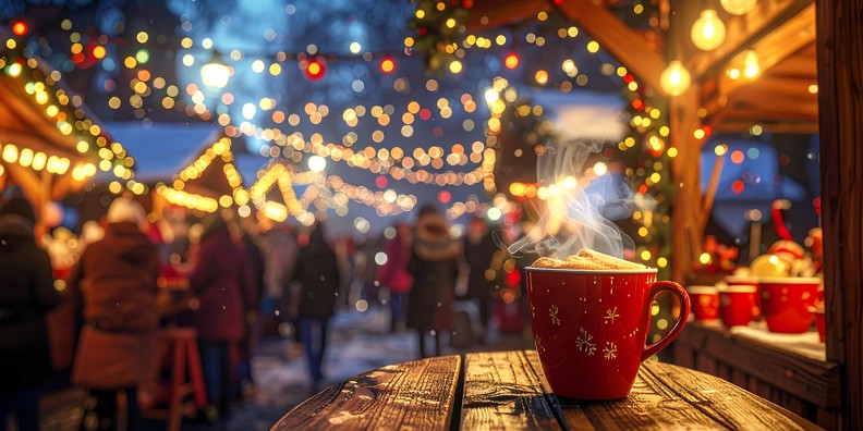 Julemarked med en kop varm kakao og julelys