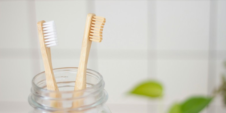 Two toothbrushes in a bathroom cup